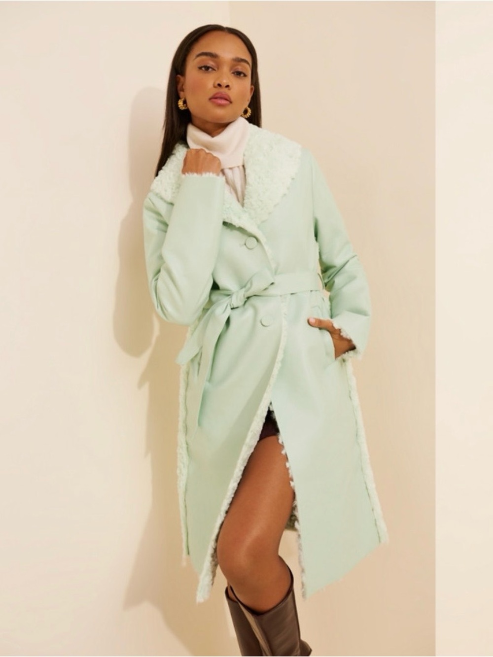Unreal Fur Mint Green Trench Coat with Shearling Trim